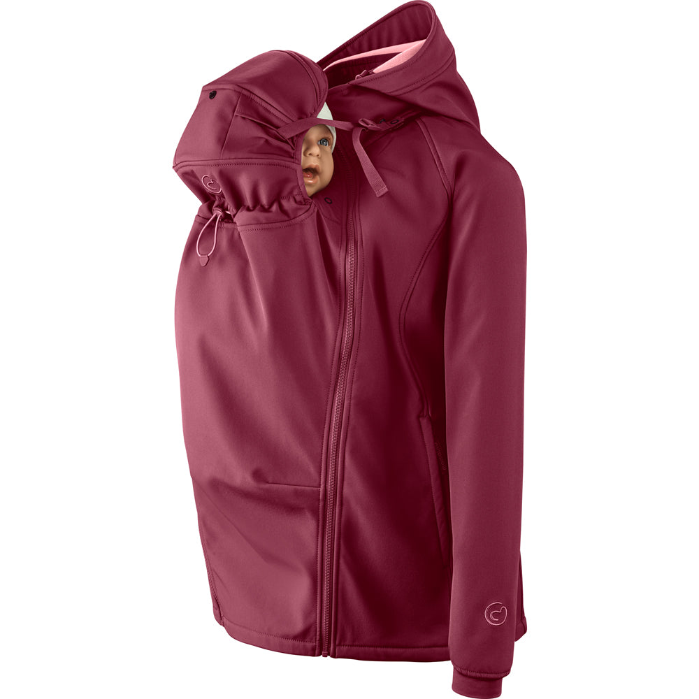 Mamalila Softshell Babywearing Jacket Allrounder Fit Burgundy, front carry with baby insert and hood