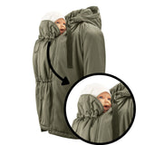Mamalila Boston Babywearing Jacket Olive, close-up of baby insert with adjustable neck support and hood