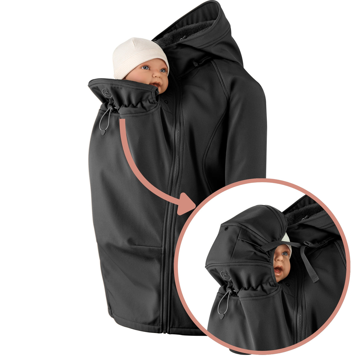 Mamalila Allrounder Winter softshell babywearing jacket in black, close-up of the baby hood with built-in head support for naps