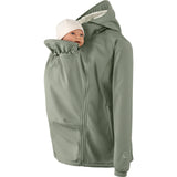 Mamalila Allrounder Winter softshell babywearing jacket in agave green, front carrying with the baby insert zipped in