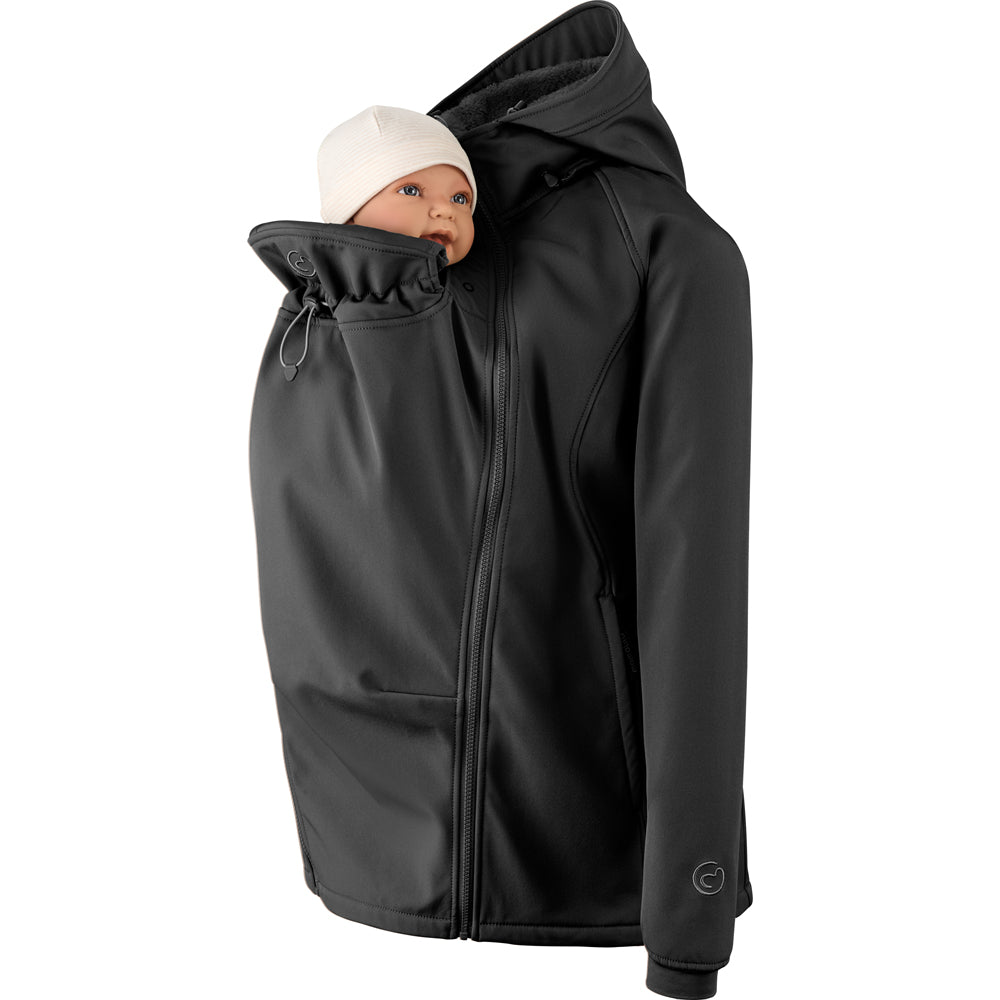 Mamalila Allrounder Winter softshell babywearing jacket in black, front carrying with the baby insert zipped in