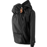 Mamalila Allrounder Winter softshell babywearing jacket in black, front carrying with the baby hood up