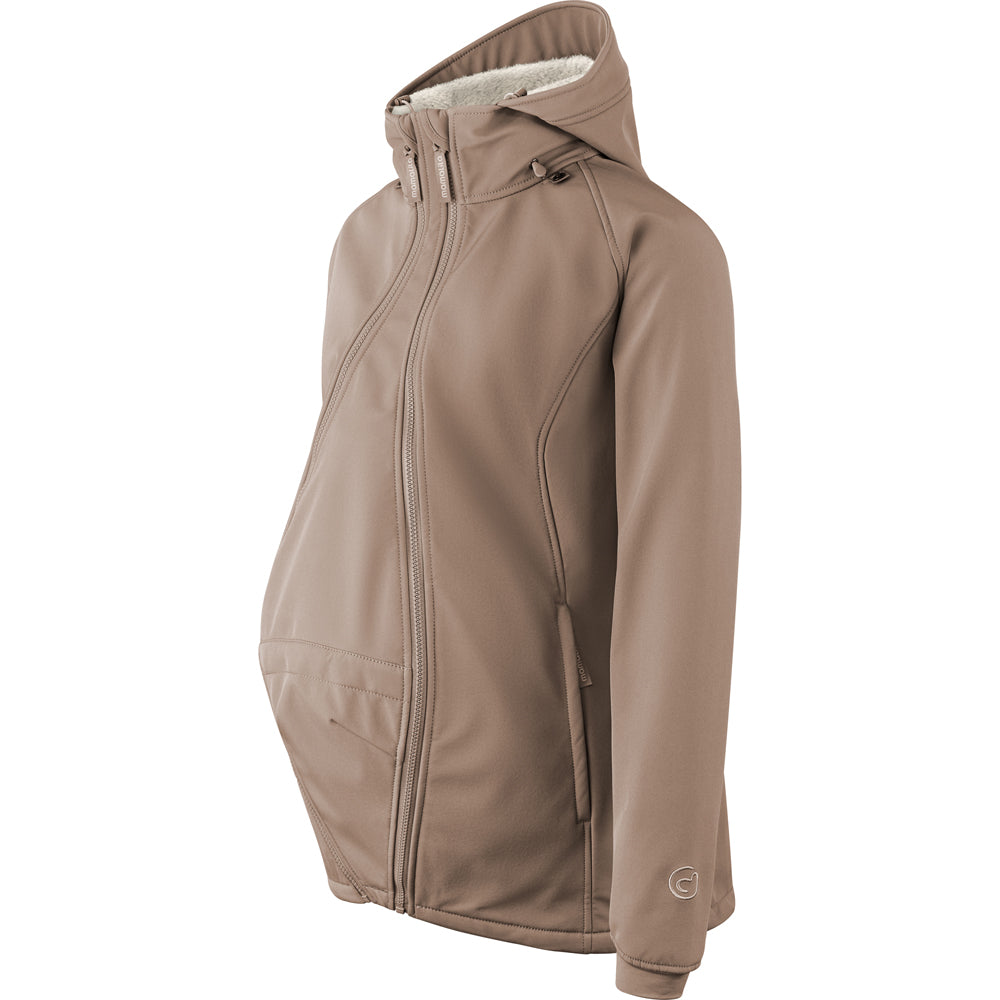 Mamalila Allrounder Winter maternity jacket in chestnut brown, side view with the pregnancy insert zipped in